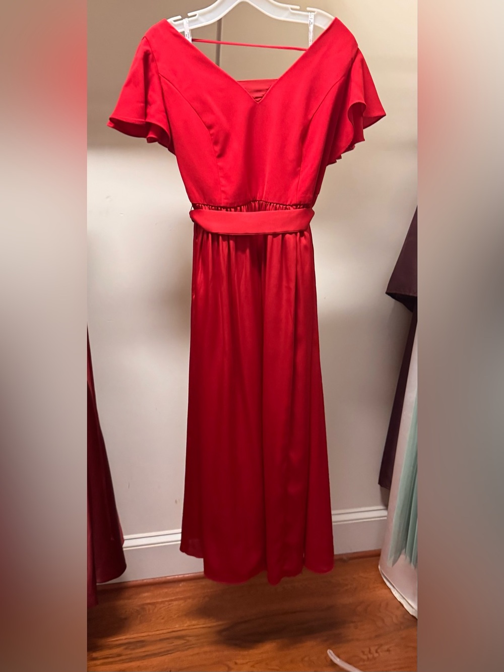 Red Women’s Maxi Dress - Elegant Belted Waist
